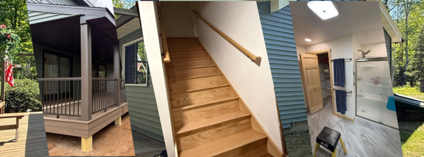 Collage of a covered porch, custom staircase, and bathroom remodel completed by Double J Custom Builders